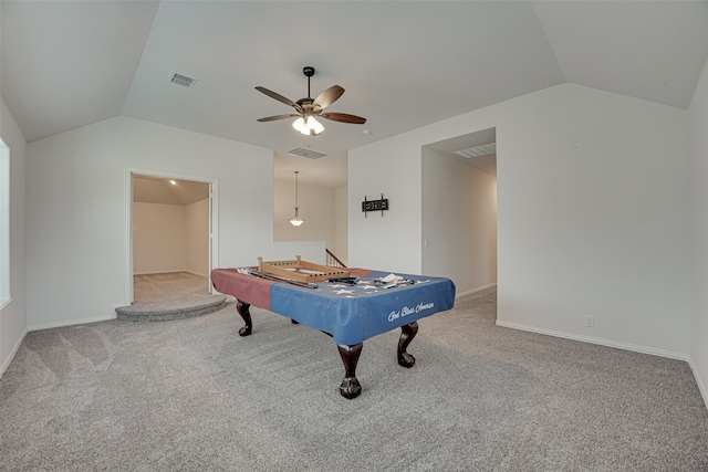 recreation room with carpet, lofted ceiling, and ceiling fan