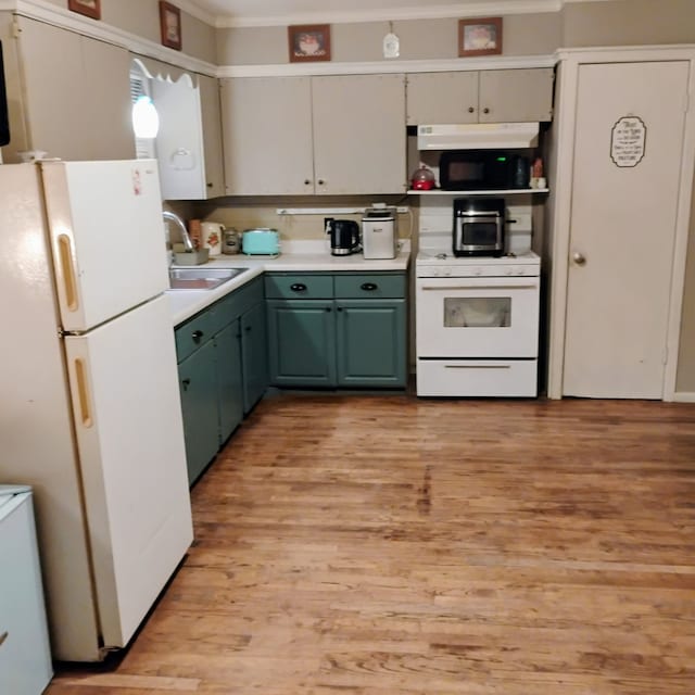 308 County Road 1296, Morgan, TX 76671 - kitchen featuring white appliances, light countertops, light wood-style flooring, under cabinet range hood, and green cabinetry
