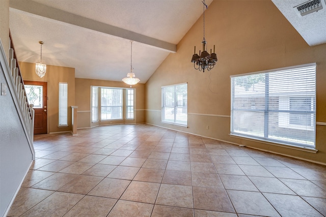 unfurnished room featuring light tile patterned flooring, beam ceiling, a textured ceiling, an inviting chandelier, and high vaulted ceiling