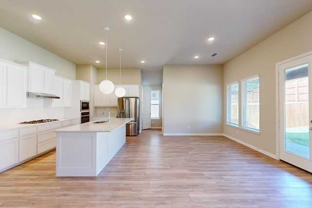 kitchen featuring sink, light hardwood / wood-style floors, a center island with sink, and appliances with stainless steel finishes