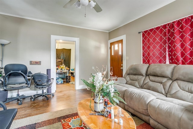 living room featuring ceiling fan, wood-type flooring, and crown molding