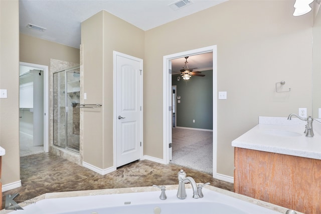 bathroom with vanity, ceiling fan, and separate shower and tub