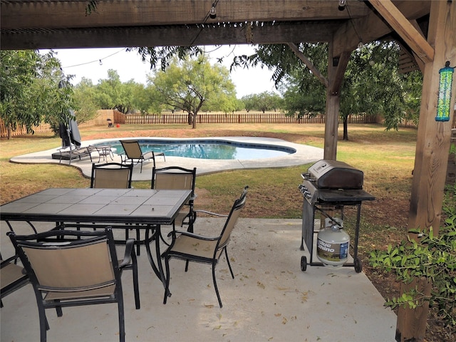 view of pool featuring a grill, a patio area, and a yard