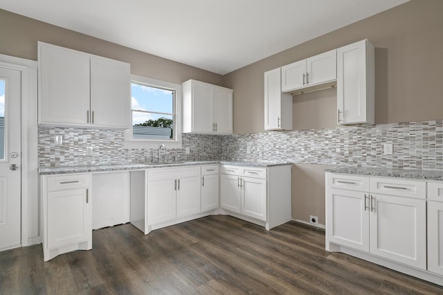 kitchen featuring white cabinets, sink, light stone counters, backsplash, and dark wood-type flooring