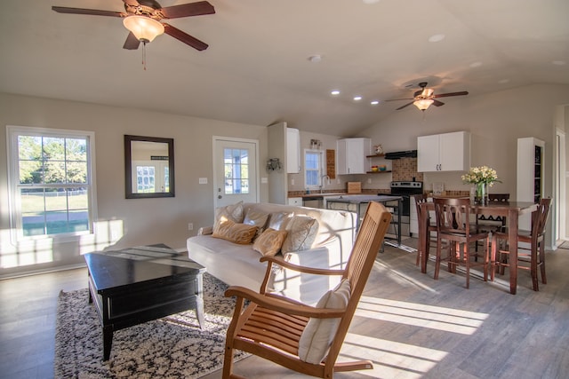 living room featuring plenty of natural light, light hardwood / wood-style floors, vaulted ceiling, and sink