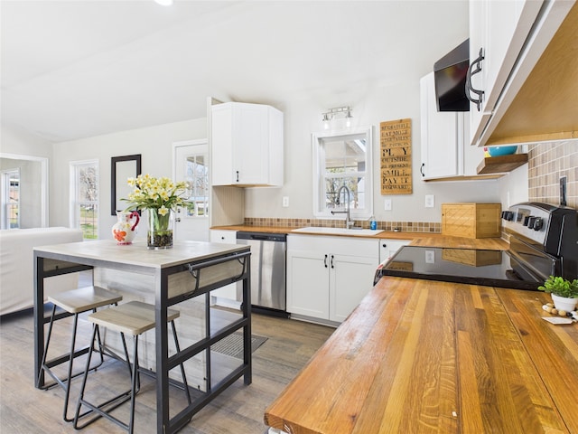 kitchen with a wealth of natural light, a sink, wood counters, range hood, and appliances with stainless steel finishes