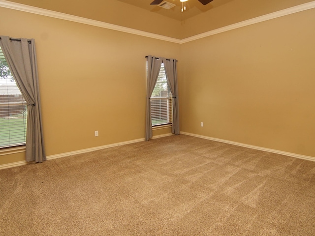 spare room featuring ceiling fan, carpet flooring, and ornamental molding