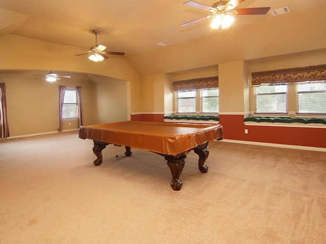 game room featuring ceiling fan, billiards, vaulted ceiling, and light carpet