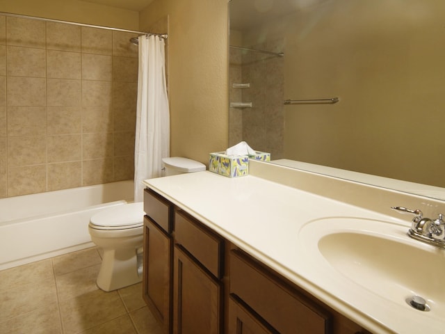 full bathroom featuring toilet, shower / tub combo, vanity, and tile patterned floors