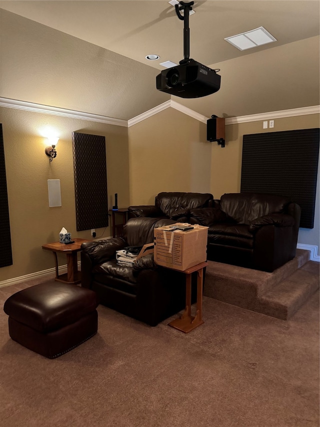 home theater room with carpet flooring, crown molding, and lofted ceiling