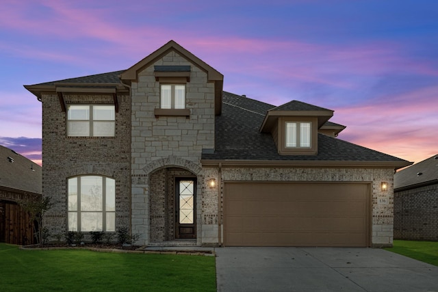 view of front of property with a garage and a lawn