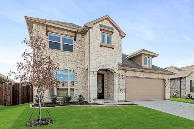 view of front of home featuring a garage and a front lawn