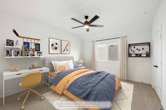 bedroom with light carpet and ceiling fan