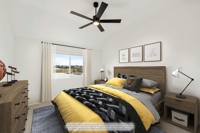 carpeted bedroom featuring vaulted ceiling and ceiling fan