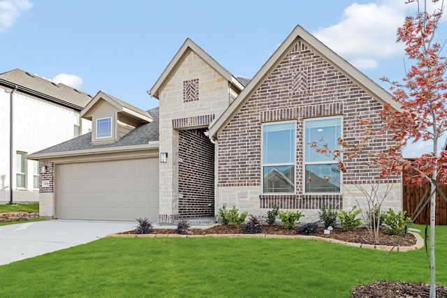 view of front of house with a garage and a front lawn