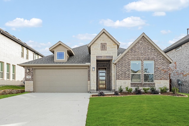 view of front of home featuring a front yard and a garage