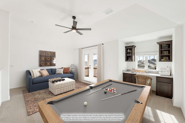 playroom with light carpet, french doors, ceiling fan, and pool table