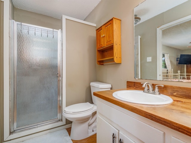 bathroom featuring a shower with shower door, a textured ceiling, toilet, and vanity