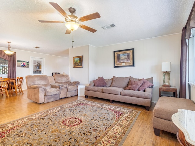 living room featuring ceiling fan, light hardwood / wood-style floors, and a textured ceiling