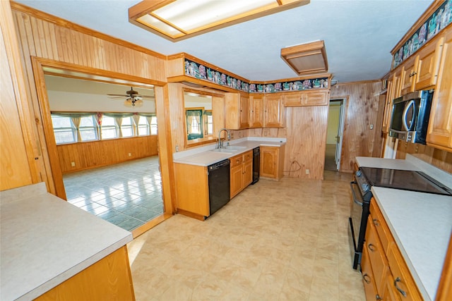 kitchen with sink, wooden walls, black appliances, and ceiling fan