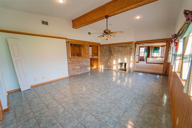 unfurnished living room with ceiling fan, tile patterned flooring, and lofted ceiling with beams