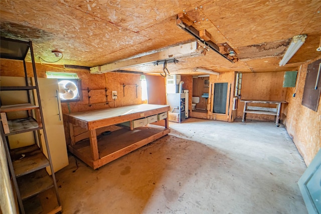 basement featuring plenty of natural light and a workshop area