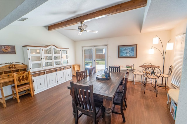 dining area with dark wood-type flooring, french doors, vaulted ceiling with beams, a textured ceiling, and ceiling fan