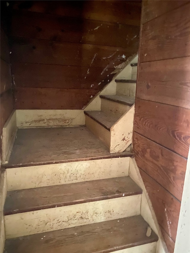 stairs featuring wood walls