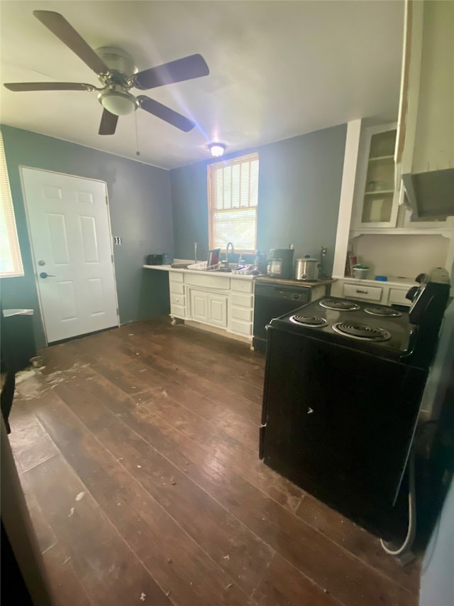 kitchen with dark wood-type flooring, ceiling fan, extractor fan, stove, and sink