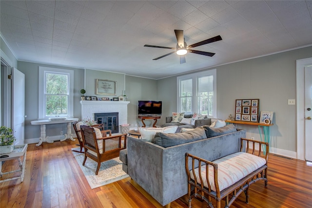 living room with ornamental molding, plenty of natural light, a fireplace, and wood-type flooring