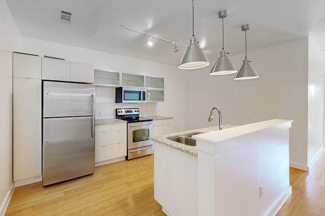 kitchen featuring hanging light fixtures, light hardwood / wood-style flooring, appliances with stainless steel finishes, sink, and an island with sink