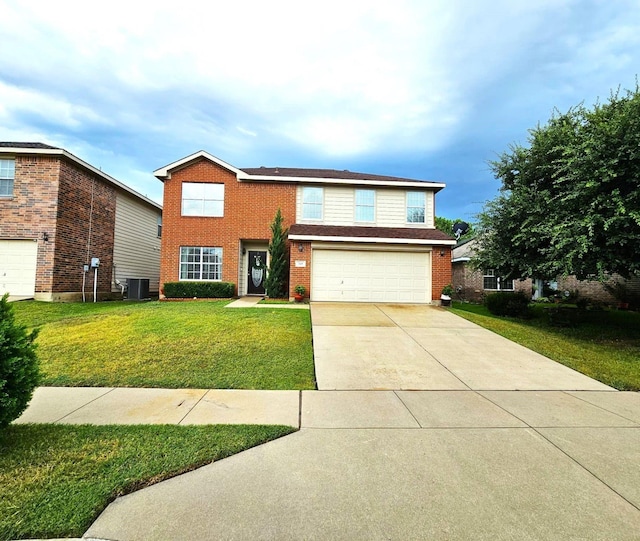 view of front facade featuring a garage, cooling unit, and a front lawn