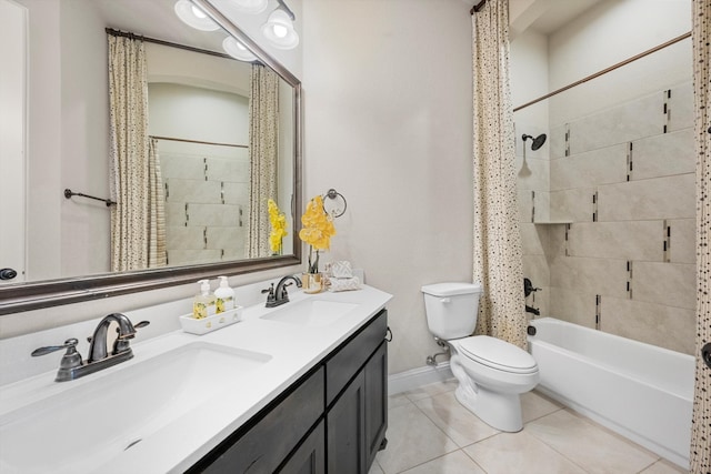 full bathroom featuring toilet, vanity, tile patterned floors, and shower / bathtub combination with curtain