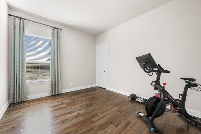 workout room featuring dark wood-type flooring