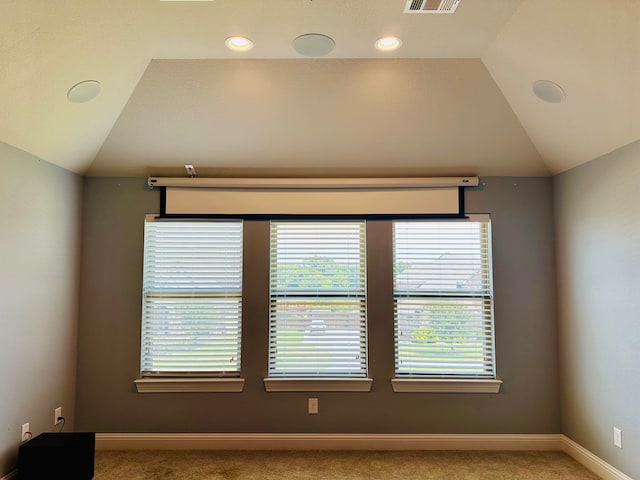 spare room with lofted ceiling and carpet floors