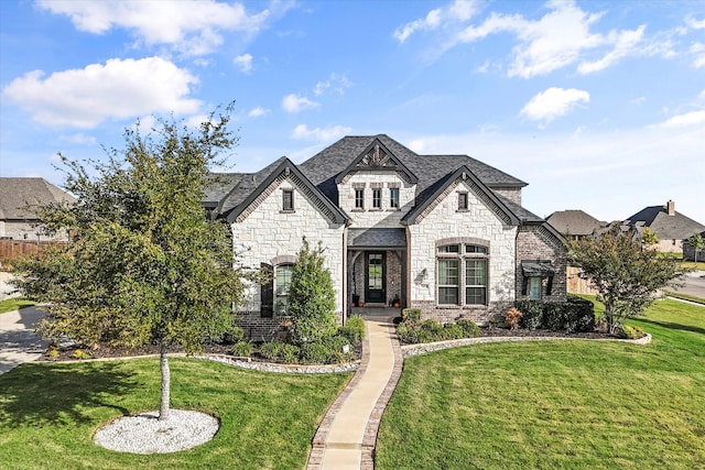 french country inspired facade featuring a front lawn