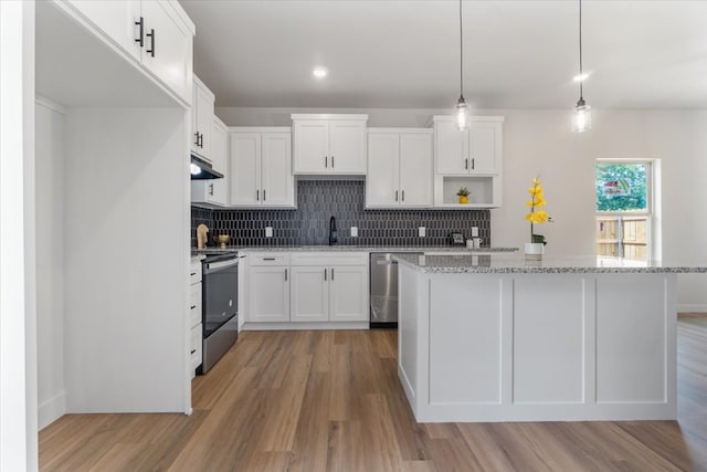 kitchen with range, dishwasher, light hardwood / wood-style flooring, and white cabinetry