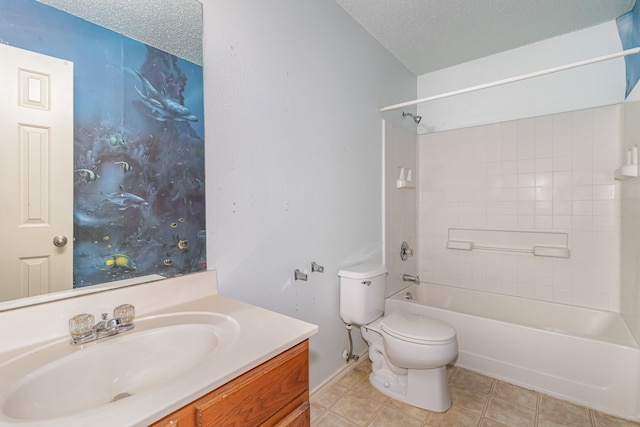 full bathroom with a textured ceiling, toilet, tile patterned floors, vanity, and tiled shower / bath combo