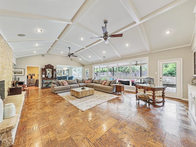 living room featuring beamed ceiling, light parquet flooring, high vaulted ceiling, and a fireplace