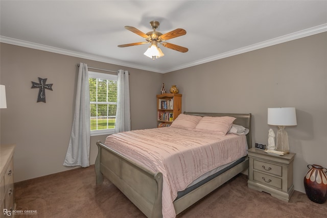 bedroom featuring ornamental molding, carpet floors, and ceiling fan