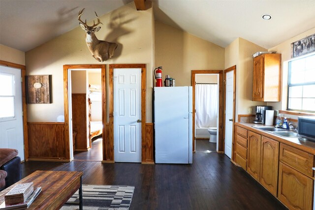 kitchen featuring freestanding refrigerator, lofted ceiling, a sink, dark wood-style floors, and stainless steel microwave