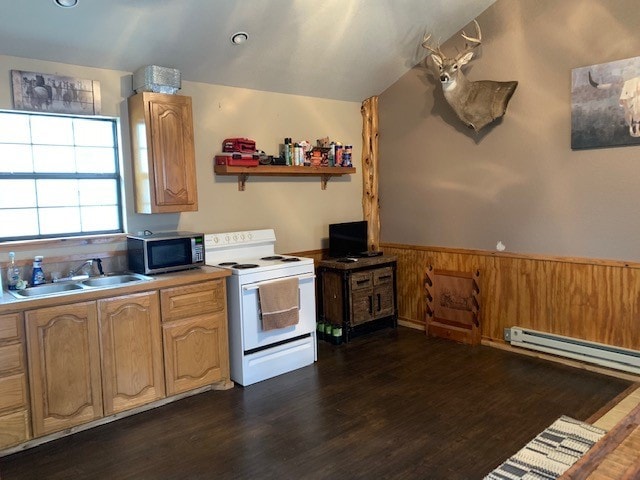 kitchen with white electric stove, stainless steel microwave, a sink, dark wood-type flooring, and baseboard heating
