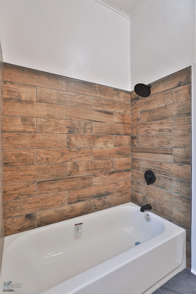 bathroom with  shower combination and wooden walls