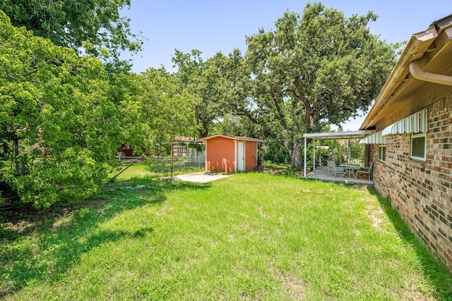 view of yard featuring a storage unit and a patio