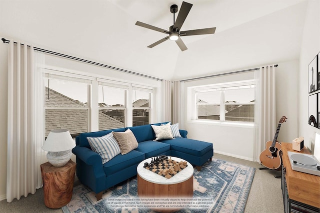 living room with vaulted ceiling, carpet floors, and ceiling fan