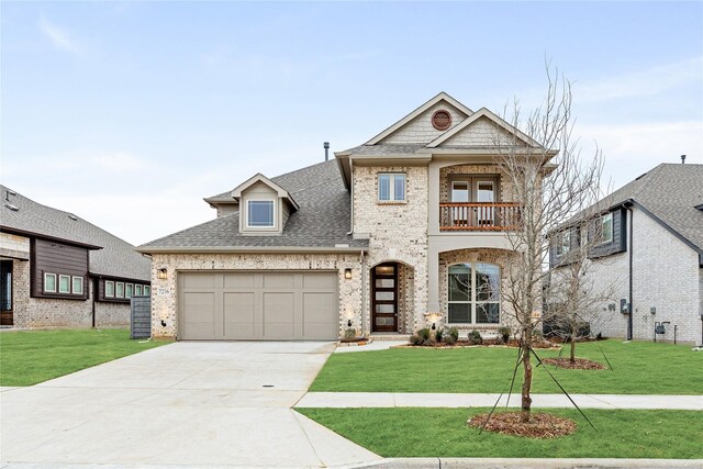 view of front facade featuring a balcony, a garage, and a front lawn