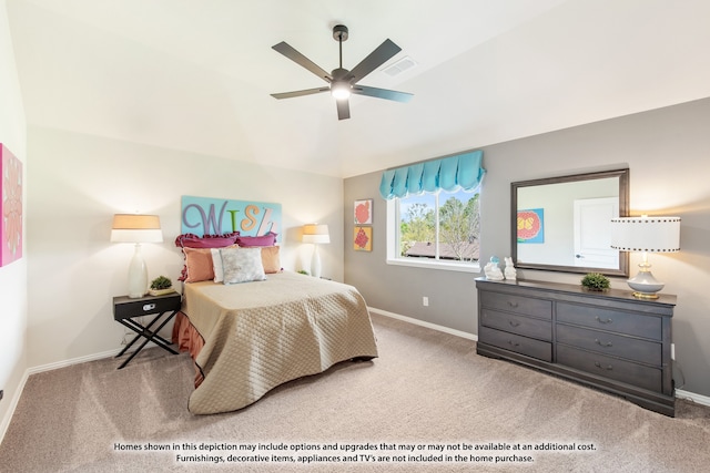 carpeted bedroom featuring ceiling fan and lofted ceiling