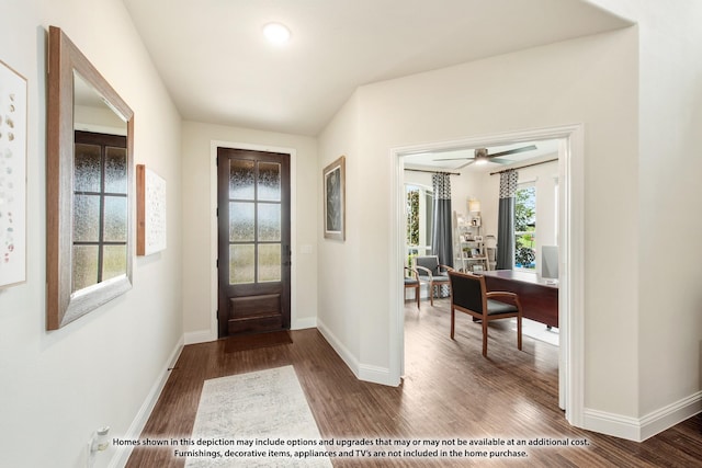 entrance foyer featuring dark wood-type flooring and ceiling fan