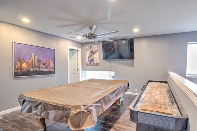 game room with pool table, dark hardwood / wood-style flooring, and ceiling fan