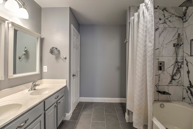 bathroom with shower / bath combo with shower curtain, dual vanity, and tile patterned floors